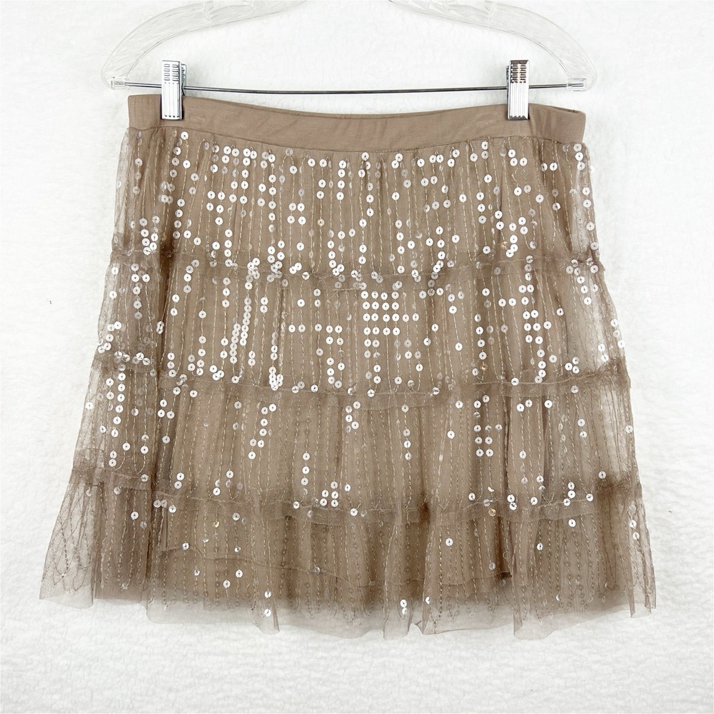 BOSTON PROPER‎ Beige Sequin Tiered Ruffle Mini Skirt Balletcore Tutu Size Small